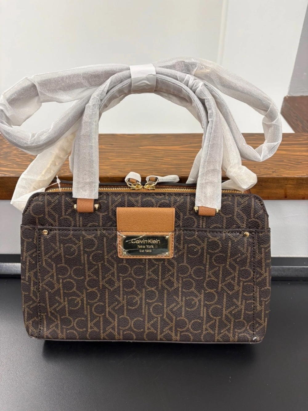 Calvin Klein Brown Monogram Rectangle Shoulder Bag with Tan Trim